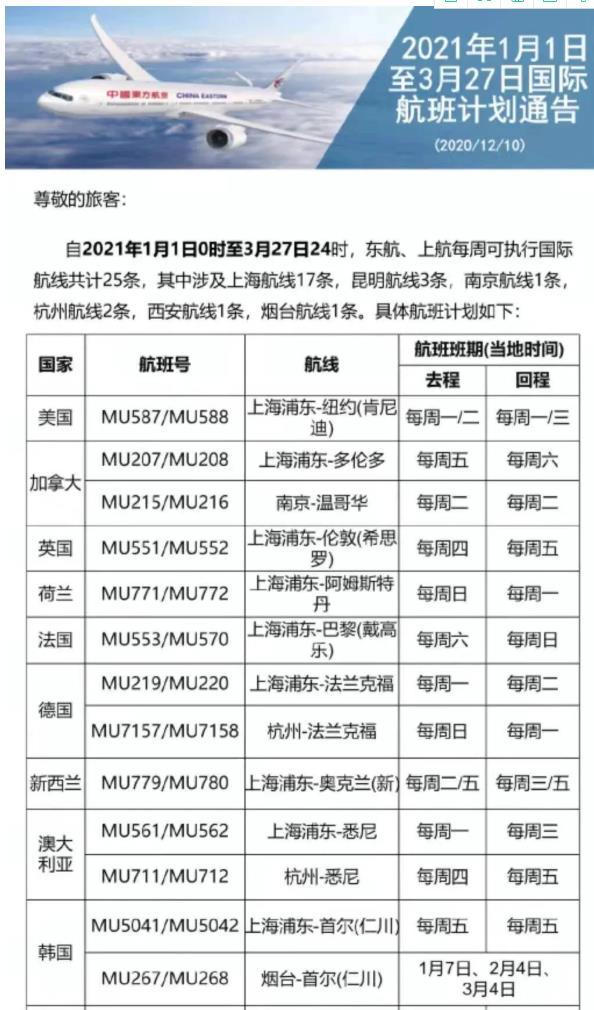 2021年1月国际航班计划 东航、南航、国航汇总