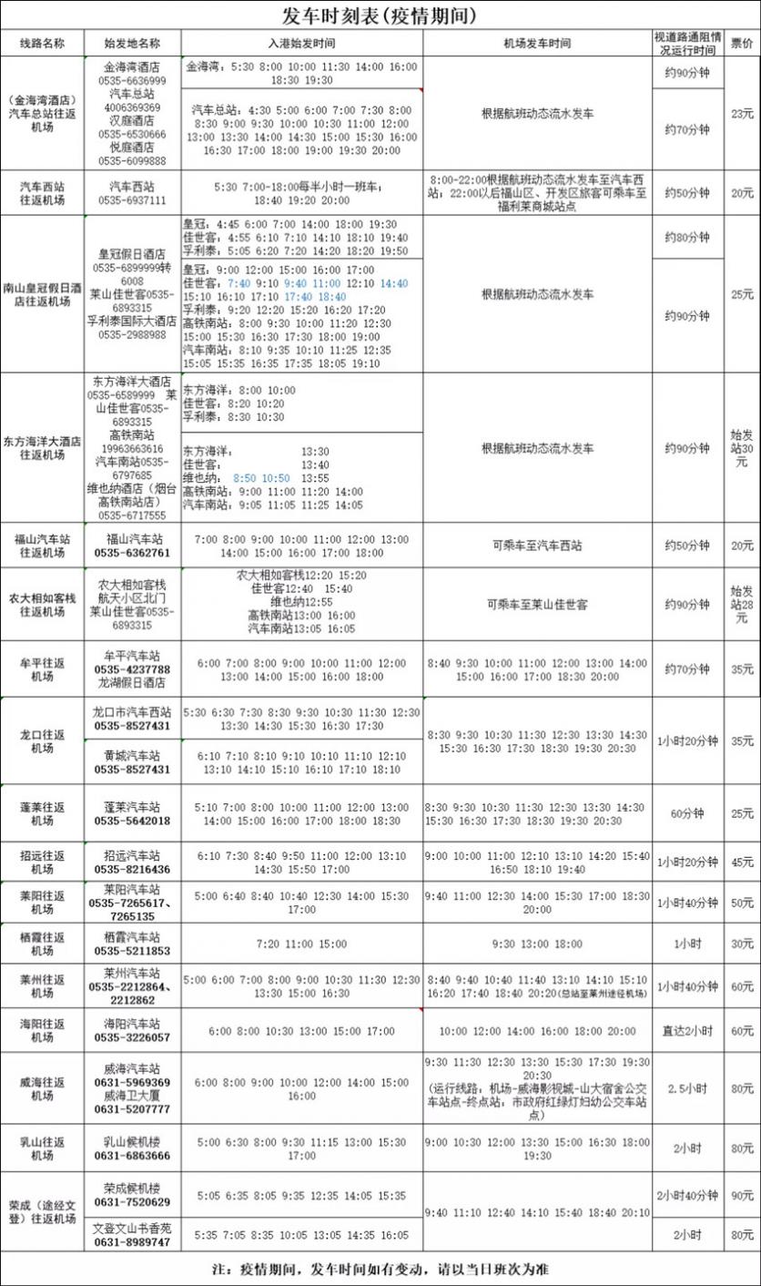 2020年秋冬航班烟台交运机场巴士时刻表