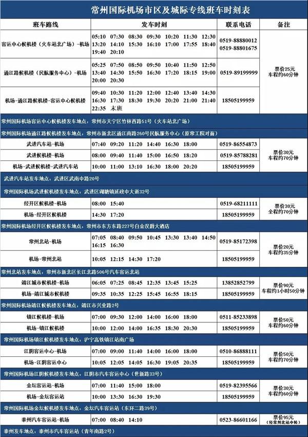 12月常州国际机场航班计划表及大巴时刻表