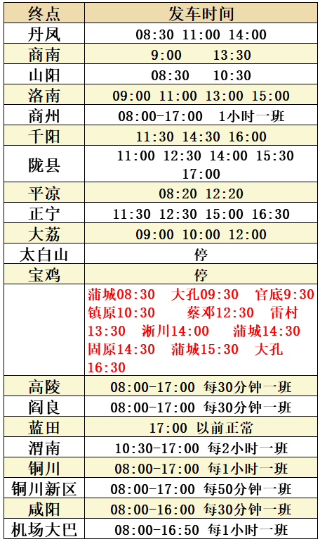 2021西安客运站春节时刻表